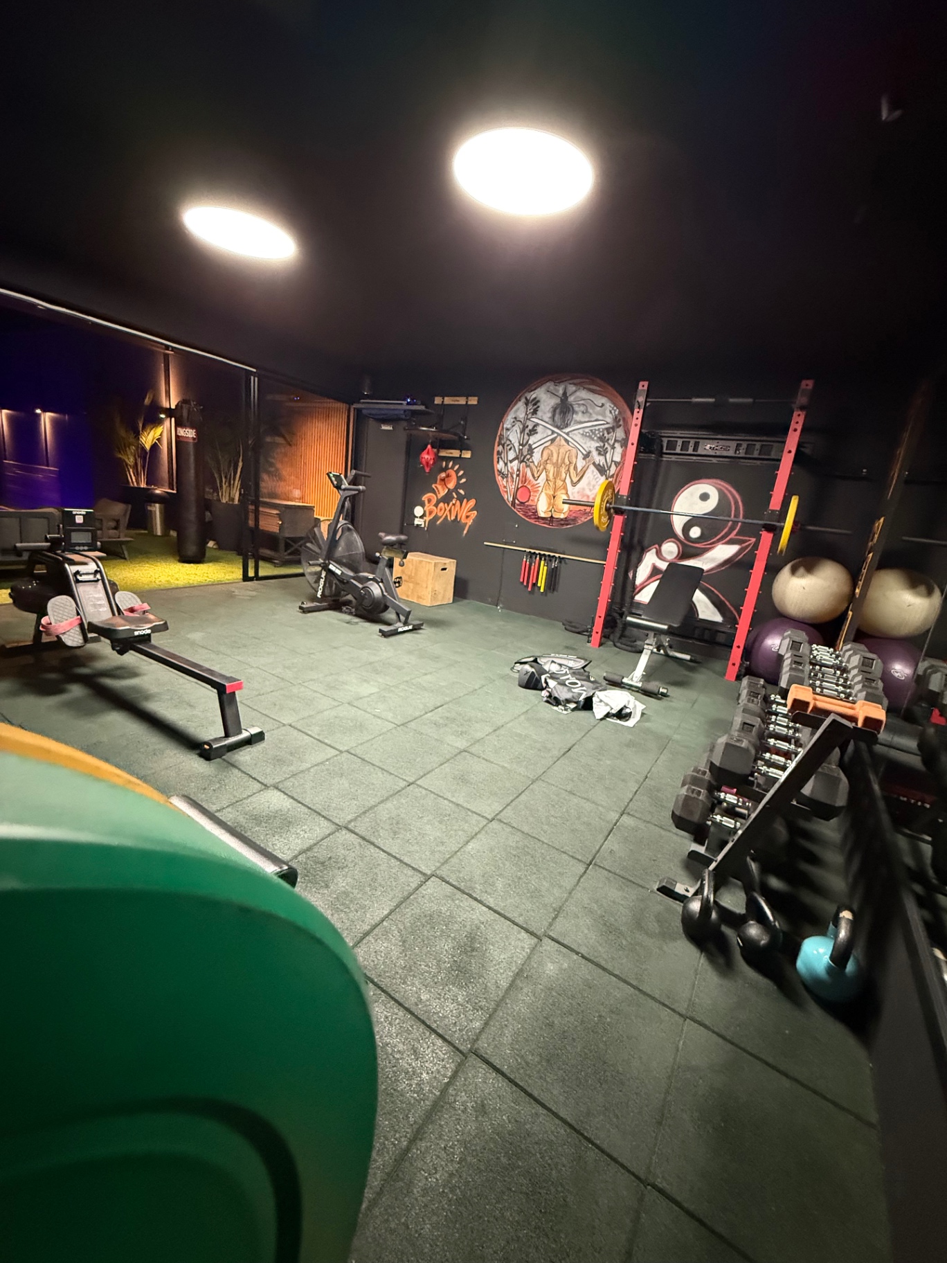 Wide night view of fitness studio