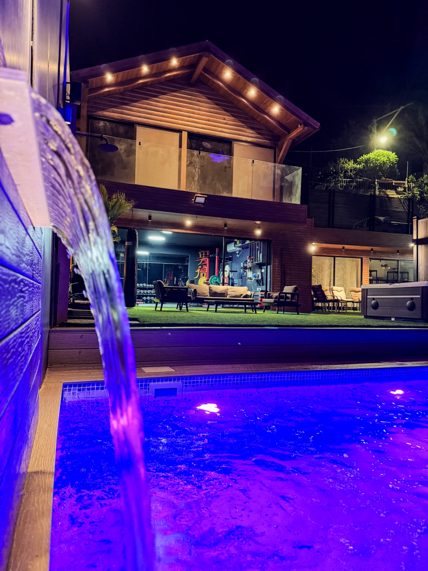 Waterfall feature at night